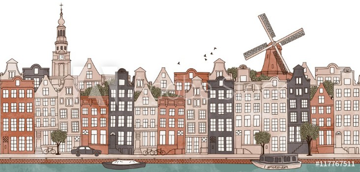 Picture of Amsterdam Netherlands - seamless banner of Amsterdams skyline hand drawn and digitally colored ink illustration